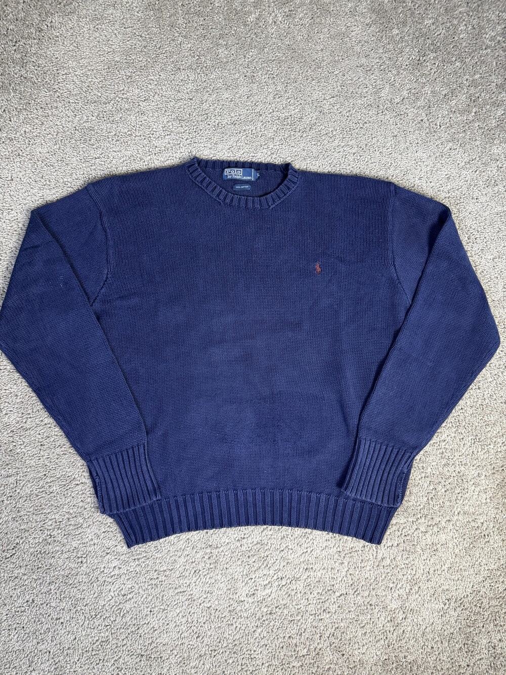 Vintage Polo Ralph Lauren Sweater Mens L Blue Crew Neck Cotton Tight-Knit